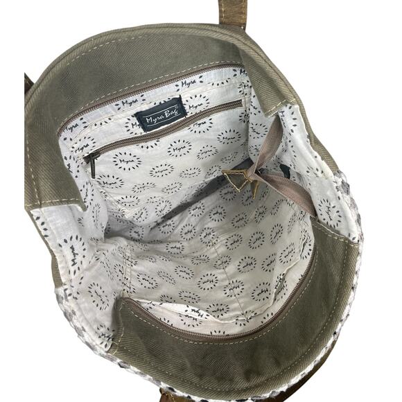 Myra Bag Leather Embroidery Shoulder Bag Tote Boho Aztec Western Brown White - Picture 7 of 16